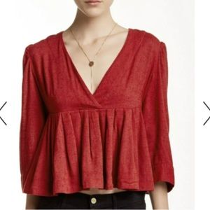 Free people size xs ‘pleats on me’ maroon blouse v neck puff sleeve boho